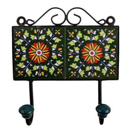 Forest Green Yellow Floral Tiles Hooks